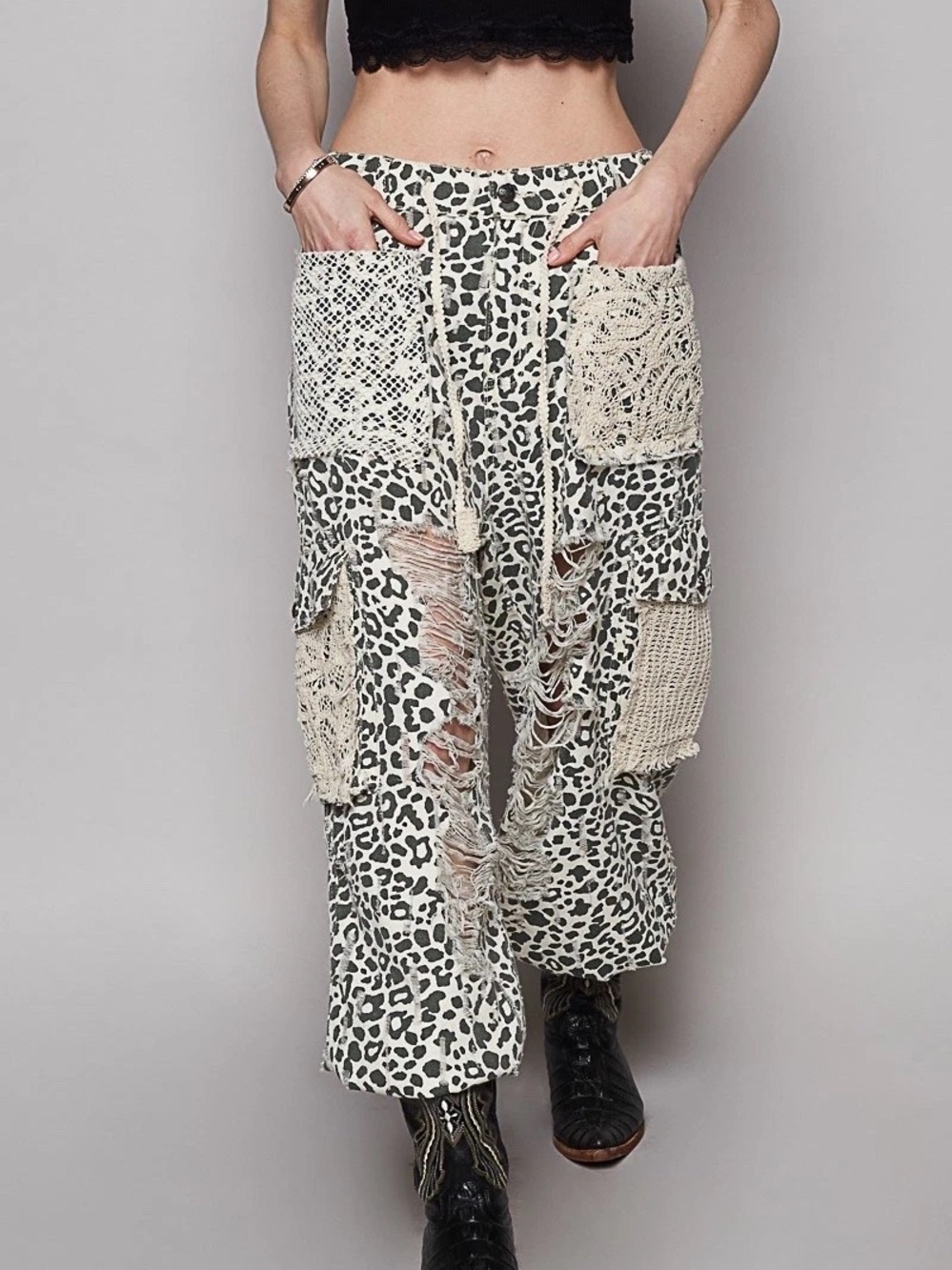 POL Cream & Black Leopard Crochet Patch Wide-Leg Pants